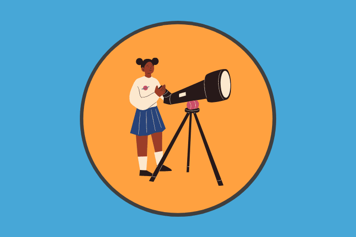 A girl next to a telescope